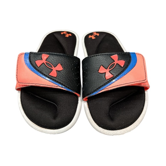 Under Armour Kid’s Ignite VI Slides Black/White/Beta(coral&blue) size 11K - Picture 1 of 5